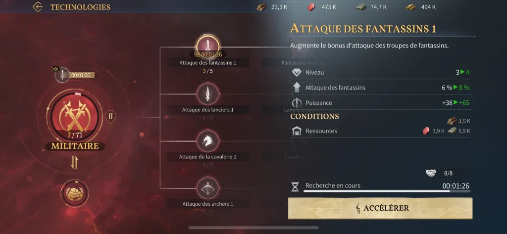 L'arbre de compétences militaires dans l'université de Age Of Empires Mobile.