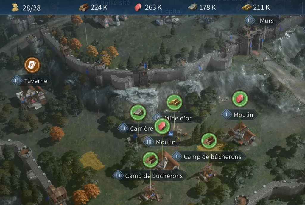 Les bâtiments économiques (Mines, moulins, carrières...) dans Age Of Empires Mobile.